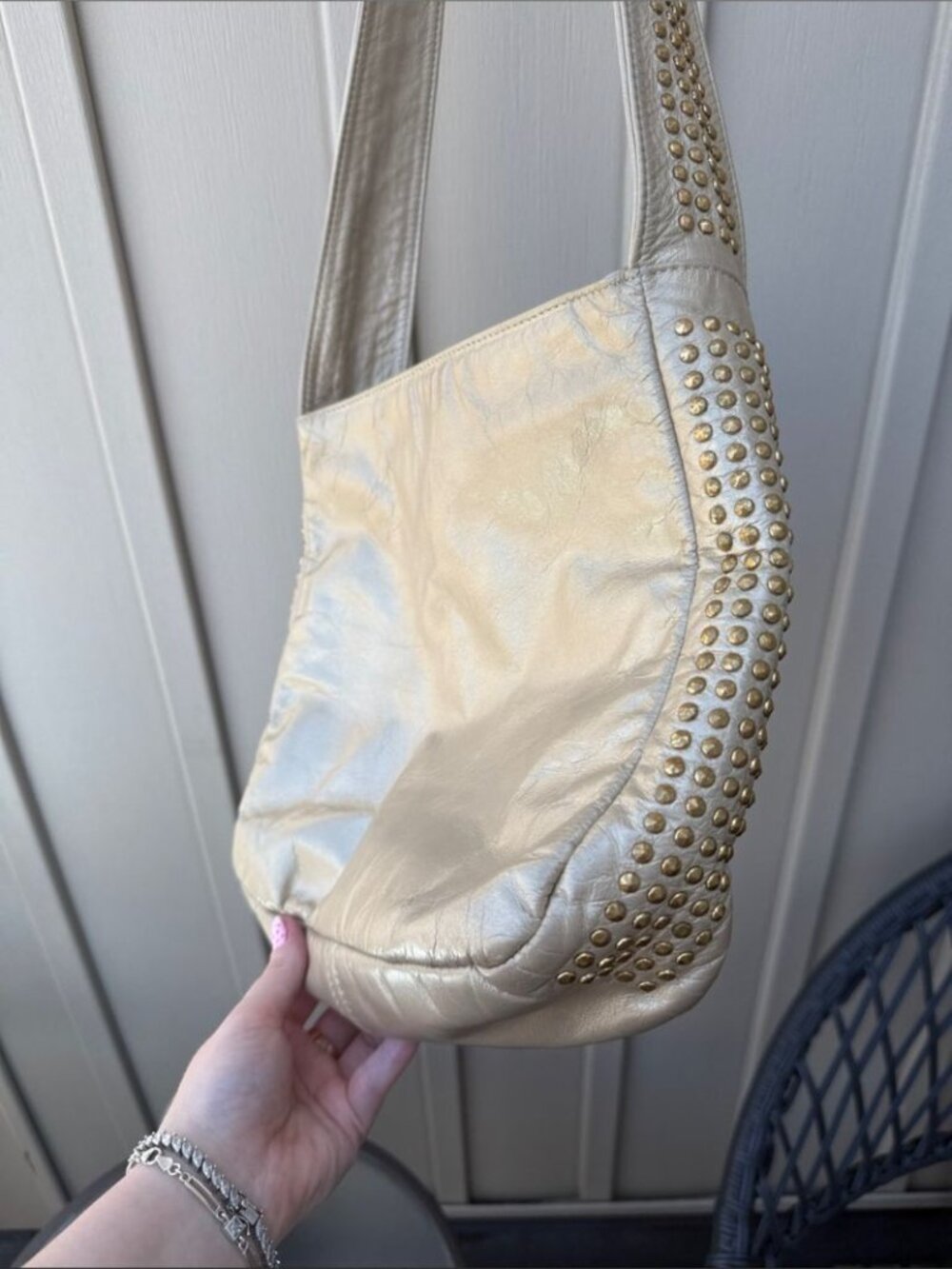 PINKY Genuine Leather Studded Metallic Cream Shoulder / Crossbody Bag - Picture 3 of 11